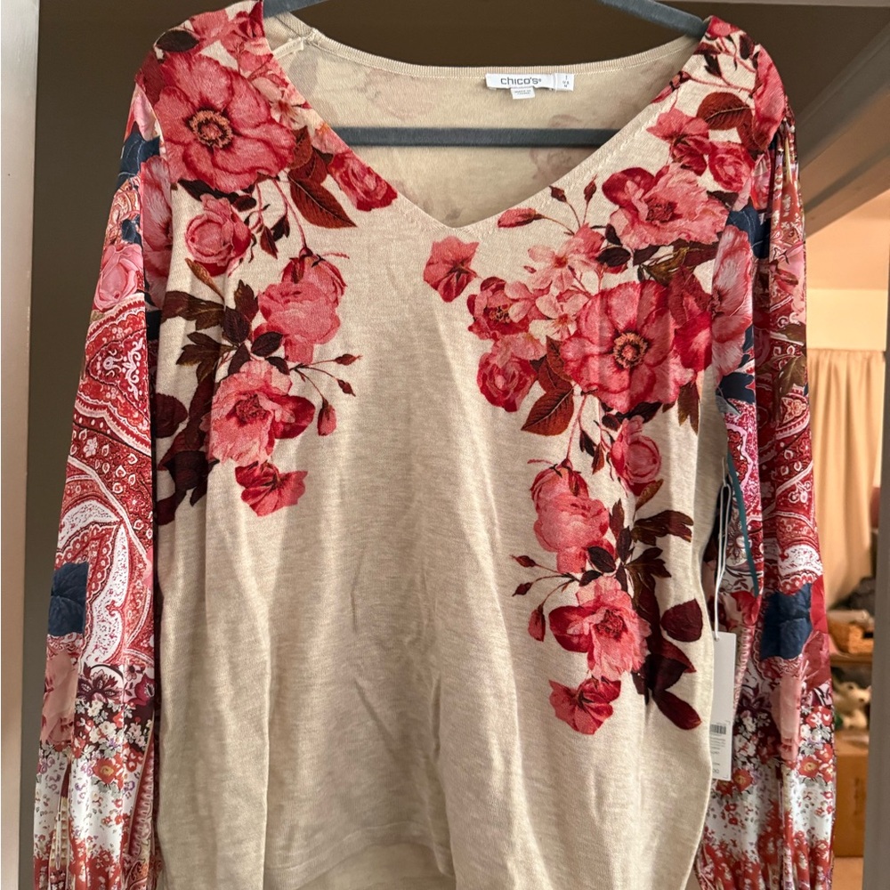 Chico's Beige Floral Blouse with Red and Pink Accents